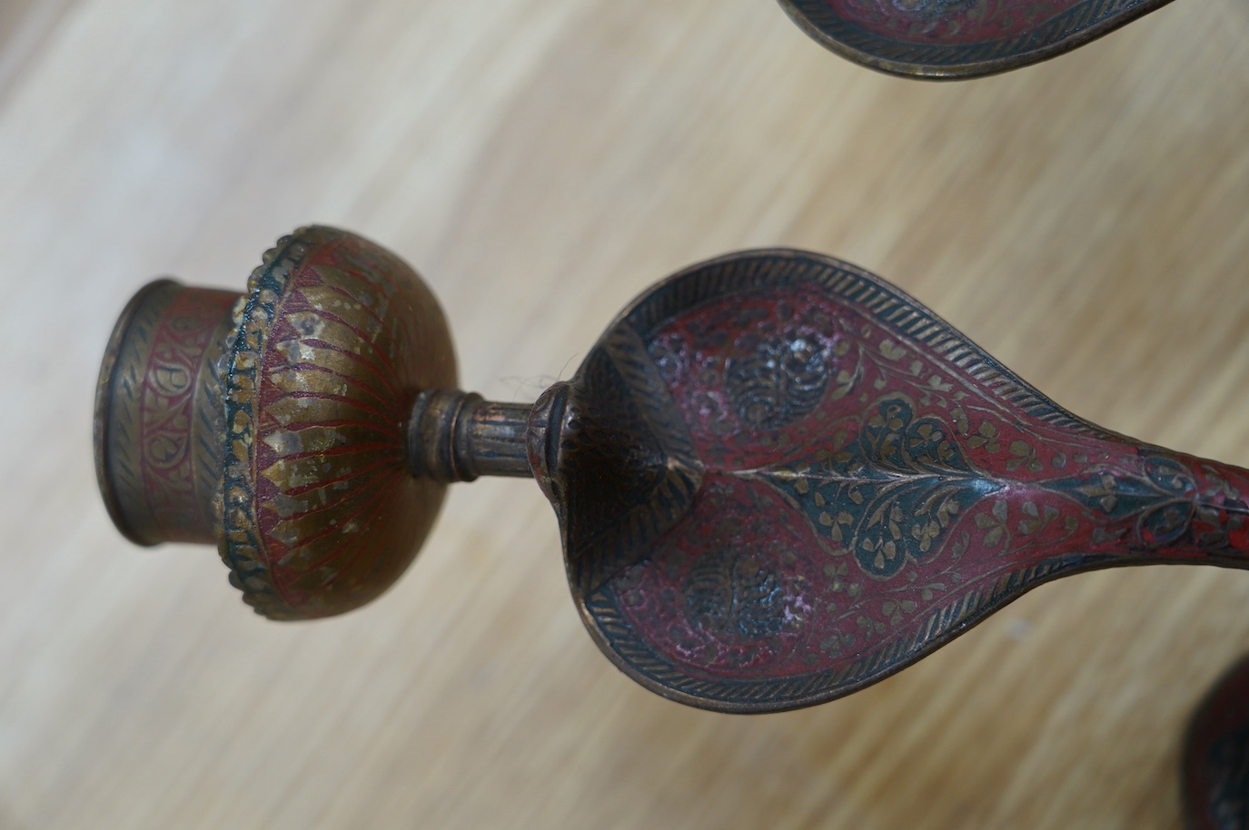 A pair of Indian Benares enamelled brass cobra wall sconces, 79cm high. Condition - lower end of tail on one chipped